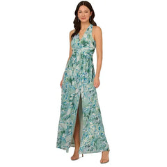 Adrianna Papell Womens Leaf Print Chiffon Shirred Gown Elegant Flowing Style for Formal Occasions, Slate
