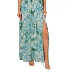 Adrianna Papell Womens Leaf Print Chiffon Shirred Gown, Elegant Evening or Formal Occasion Dress, Slate