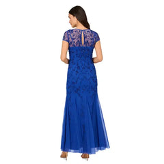 Adrianna Papell Petite Beaded Mesh Evening Gown, Perfect for Formal Events and Elegant Occasions , Brilliant Sapphire , Size 6P