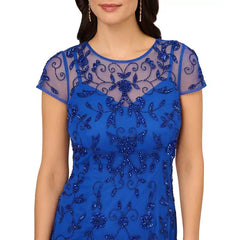Adrianna Papell Petite Beaded Mesh Evening Gown, Perfect for Formal Events and Elegant Occasions , Brilliant Sapphire , Size 6P