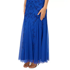 Adrianna Papell Petite Beaded Mesh Evening Gown, Perfect for Formal Events and Elegant Occasions , Brilliant Sapphire , Size 6P