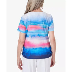 Alfred Dunner Petite Paradise Island Watercolor Stripe Ruched Top, Size PM