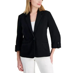 Anne Klein Petite Three Quarter Sleeve One Button Blazer, Polished Lightweight Work Jacket, Anne Black