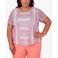 Alfred Dunner Plus Size Neptune Beach Textured Stripe Top with Side Ruching, Blue