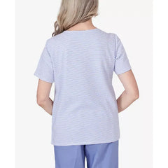 Alfred Dunner Women's Summer Breeze Mini Stripes T-shirt with Butterfly Lace Detail, Lilac, Size M