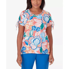 Alfred Dunner Women's Neptune Beach Whimsical Floral Top with Side Ties, Coral , Size Large