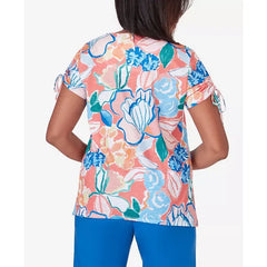 Alfred Dunner Women's Neptune Beach Whimsical Floral Top with Side Ties, Coral , Size Large