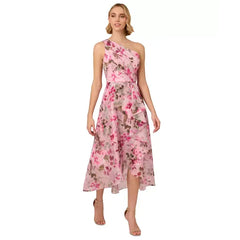 Adrianna Papell Women's Printed One Shoulder High Low Dress for Elegant and Contemporary Style, Pink Multi