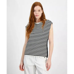 Macy's Women's Striped Dolman-Sleeve Crewneck Top-BLK/IVY