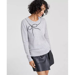 Women's Cashmere Bow-Embellished Crewneck Sweater, Created for Macy's-Ice gray heather combo