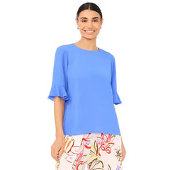 Macy's Women's Ruffled Cuff 3/4-Sleeve Crew Neck Blouse-Tropic night