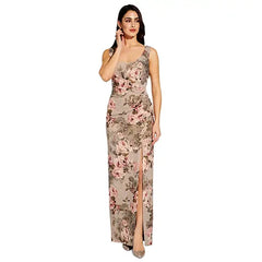 Adrianna Papell Metallic Floral Print Column Gown, Elegant Womens Evening Dress for Special Occasions, Slate/Blush Floral