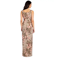 Adrianna Papell Metallic Floral Print Column Gown, Elegant Womens Evening Dress for Special Occasions, Slate/Blush Floral