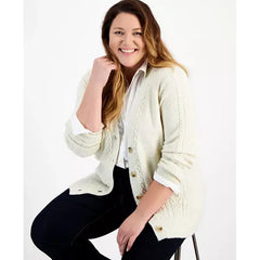 Plus Size Shimmer Sequin Cable-Knit Cardigan, Created for Macy's-Earl Natural
