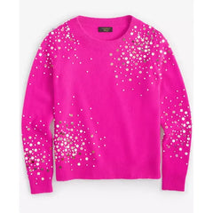 Macy's Women's Cashmere Sequin Embellished Crewneck Sweater, Created for Macy's-Fierce Pink Combo