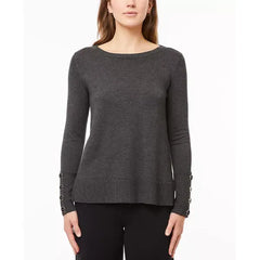 Women's Fine Gauge Boat-Neck Buttoned-Cuff Sweater, Created by Macy's-Charcoal black