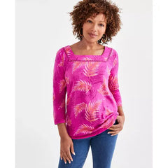 Women's Printed Square-Neck 3/4-Sleeve Cotton Top, Created for Macy's-Palm Fuchsia