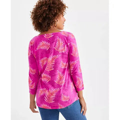 Women's Printed Square-Neck 3/4-Sleeve Cotton Top, Created for Macy's-Palm Fuchsia