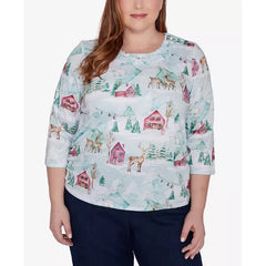 Alfred Dunner Plus Size Classic Triple Notch Neck Deer Village Top, Multi Green, Size 2X
