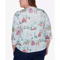 Alfred Dunner Plus Size Classic Triple Notch Neck Deer Village Top, Multi Green, Size 2X