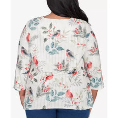 Alfred Dunner Plus Size Classic Crew Neck Birds & Holly Leaf Top, Oatmeal , Size 1X