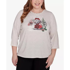 Alfred Dunner Plus Size Classic Festive Poodle Drawstring Top, Oatmeal, Size 3X