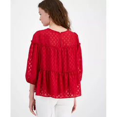 Macy's Women's Lattice Clip-Dot Balloon-Sleeve Blouse-chili peep