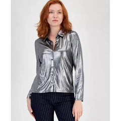 Macy's Women's Metallic Long-Sleeve Button-Up Shirt-BLK/gunmet