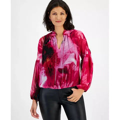 Women's Crinkle Chiffon Cold-Shoulder Blouse, Created for Macy's-Black Garden pink
