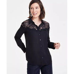 Women's Lace-Top Button-Up Shirt, Created for Macy's-Black
