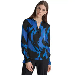 Macy's Women's Printed Blouson-Sleeve Button-Front Shirt-Black lapi