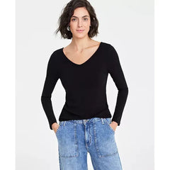 Women's Long-Sleeve Rib Double V-Neck Top, Created for Macy's-Black