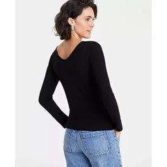 Women's Long-Sleeve Rib Double V-Neck Top, Created for Macy's-Black