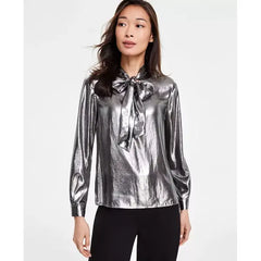 Anne Klein Womens Metallic Scarf Neck Buttoned Cuff Top, Elegant Shiny Blouse for Evening Wear, LIQUID GUNMETAL , Size XL