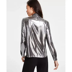 Anne Klein Womens Metallic Scarf Neck Buttoned Cuff Top, Elegant Shiny Blouse for Evening Wear, LIQUID GUNMETAL , Size XL