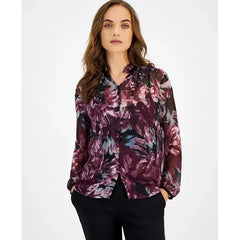Anne Klein Womens Printed Long Sleeve Button Front Shirt, Stylish Shirt for Office or Everyday Wear, Anne Black , Size XXS