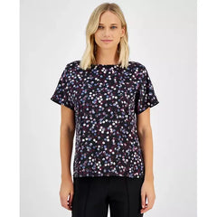 Anne Klein Womens Printed Dolman Sleeve Side Slit Top, ANNE BLACK/DEEP PLUM ,Size XXS