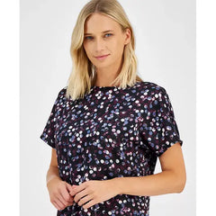 Anne Klein Womens Printed Dolman Sleeve Side Slit Top, ANNE BLACK/DEEP PLUM ,Size XXS