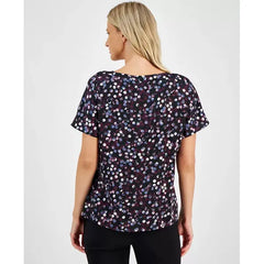 Anne Klein Womens Printed Dolman Sleeve Side Slit Top, ANNE BLACK/DEEP PLUM ,Size XXS