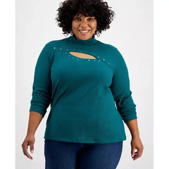 Women's Studded Cut-Out Mock-Neck Top, XS-3X, Created for Macy's-Green tourmaline