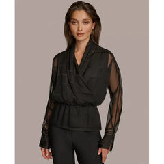 Macy's Donna Karan Women's Burnout Faux-Wrap Long-Sleeve Top-Black