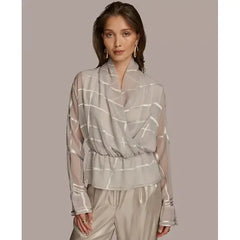 Macy's Donna Karan Women's Burnout Faux-Wrap Long-Sleeve Top-Pavement