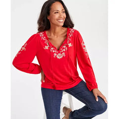 Women's Shine Embroidered Long-Sleeve Blouse, Created for Macy's-Emb red