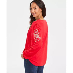 Women's Shine Embroidered Long-Sleeve Blouse, Created for Macy's-Emb red