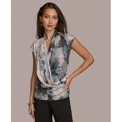 Macy's Donna Karan Women's Sleeveless Faux-Wrap Blouse-Peacock Multi