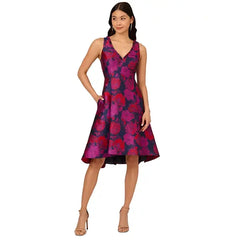Adrianna Papell Womens Floral Jacquard High Low Hem Dress, Elegant for Formal Occasions
