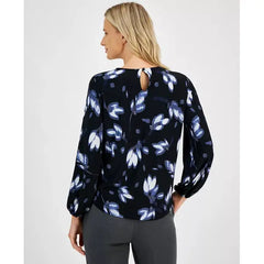 Anne Klein Womens Printed Keyhole Blouson Sleeve Blouse, Stylish Lightweight Top, MIDNIGHT DUSK
