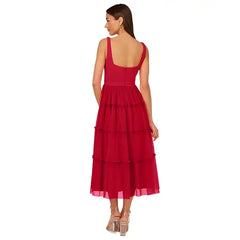 Adrianna Papell Womens Square Neck Midi Mesh Dress, Modern Style for Elegant Occasions