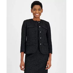 Anne Klein Womens Tweed 3/4 Sleeve Button Front Blazer, Classic and Elegant Outerwear, Anne Black, Size 0