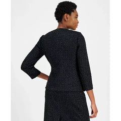 Anne Klein Womens Tweed 3/4 Sleeve Button Front Blazer, Classic and Elegant Outerwear, Anne Black, Size 0